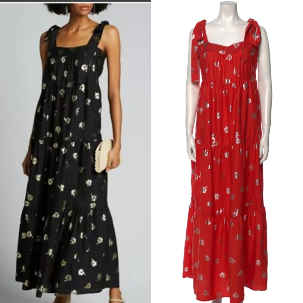 Warm Metallic Polka Dot Floral Boho Maxi Dress Bow Shoulder Tie Straps